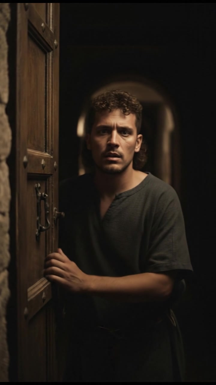 Mateo, hesitating, opens the door slightly with a worried expression.