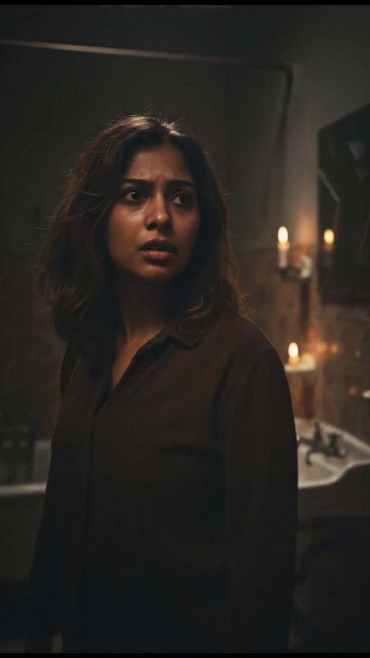 Priya turning around anxiously in the empty bathroom.