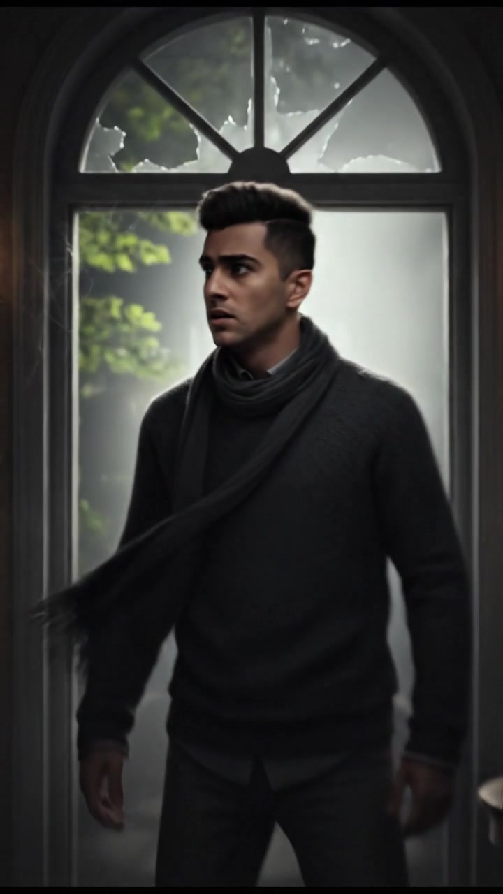 Amir standing in the doorway of the old house, feeling the cool draft with a concerned expression.