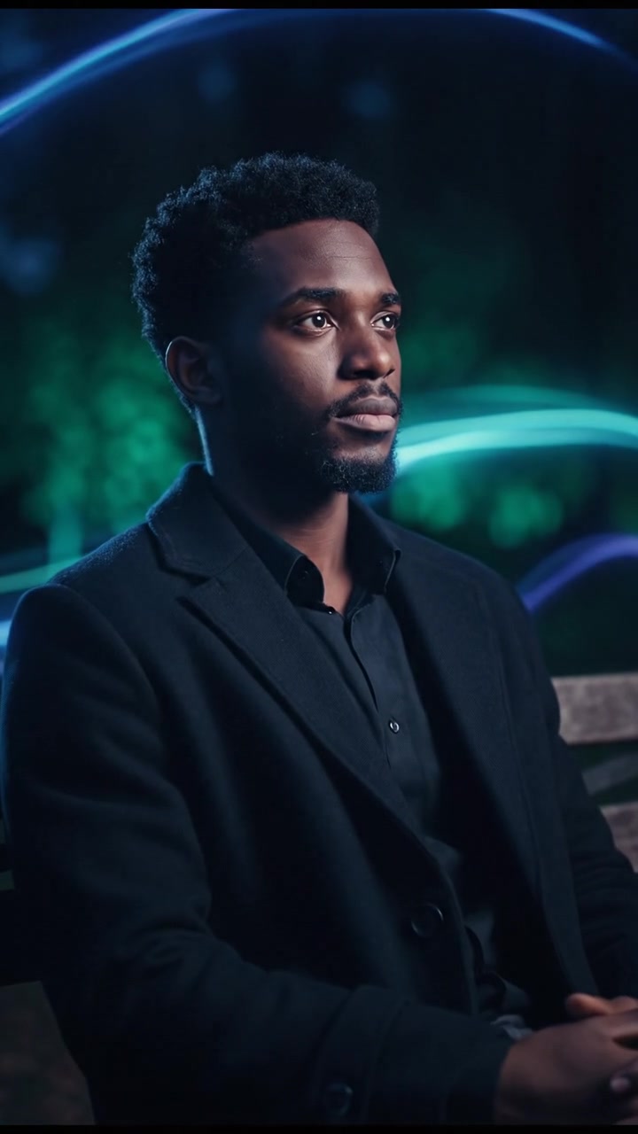 Isaiah sitting on a park bench, gazing into the distance, lost in thought.