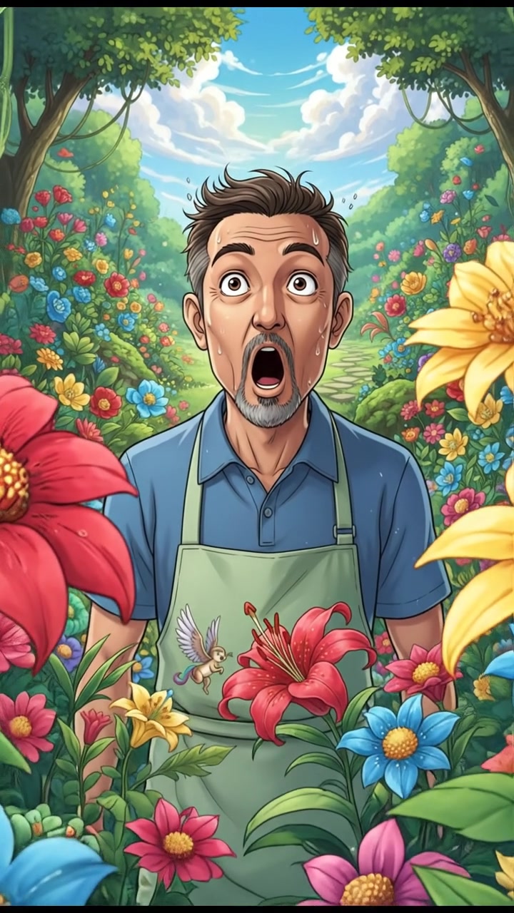 Raj with a surprised expression, standing in a lush garden with colorful flowers around him.