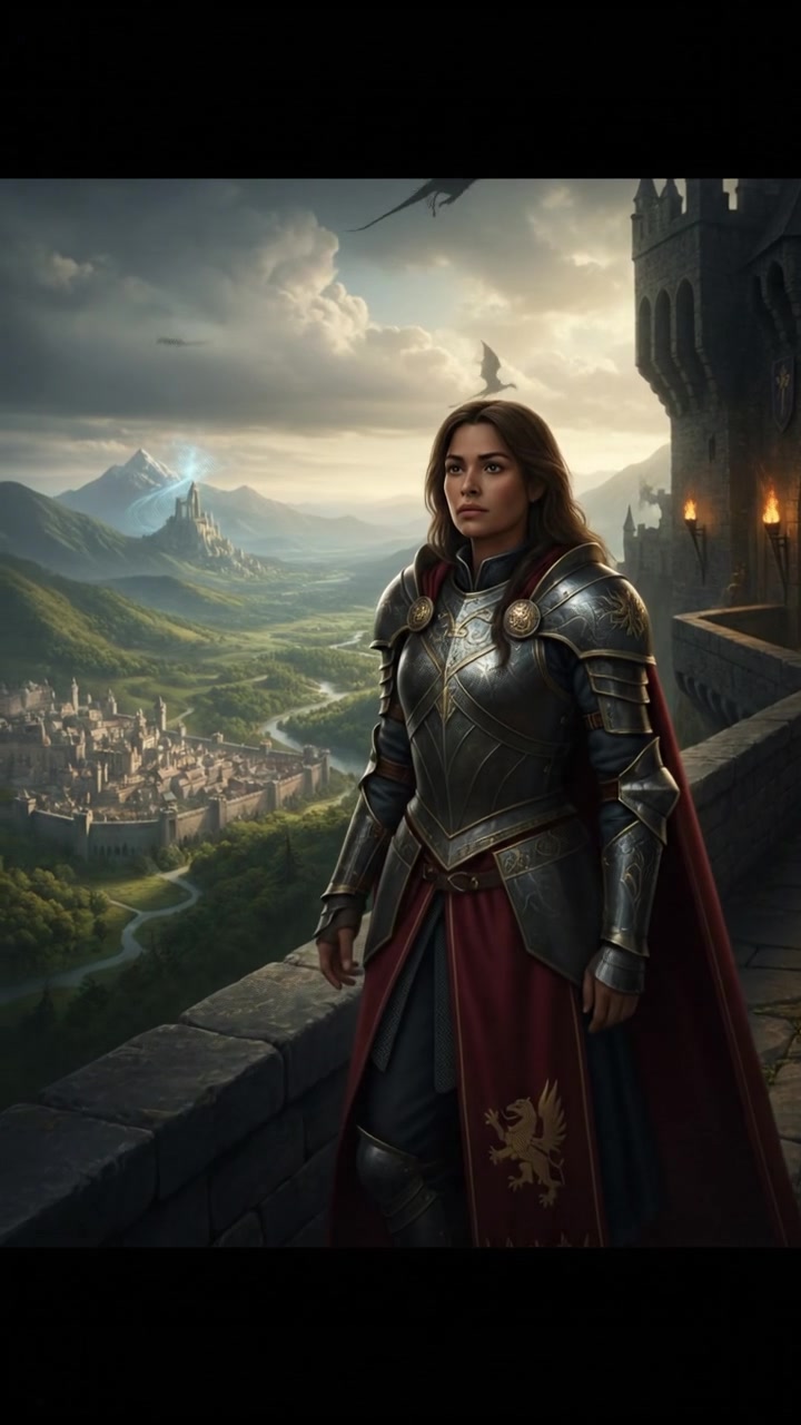 A shot of Priya looking out from a castle balcony, gazing over the kingdom with a determined expression.