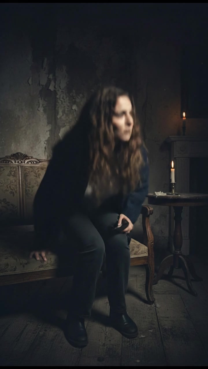 Maya sits on her old wooden sofa, a concerned expression on her face, with a phone in hand.