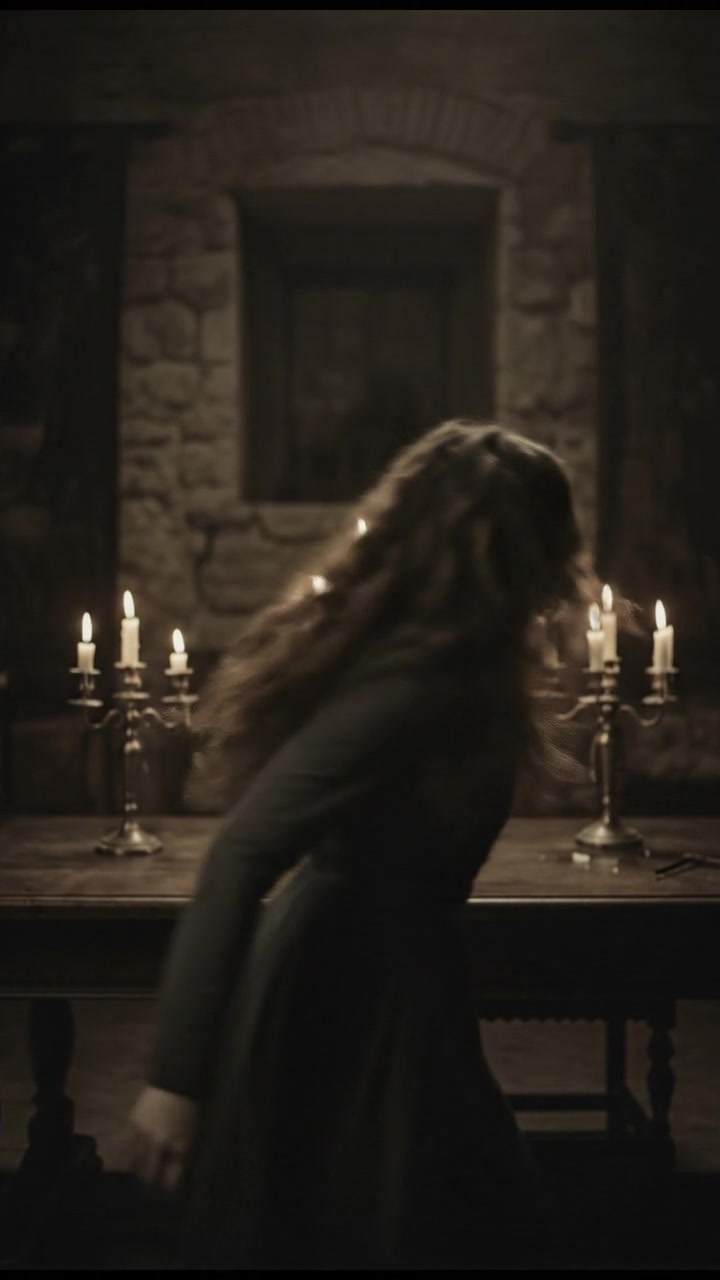 Maya, startled, turns towards the whispering sound, eyes wide in fear.