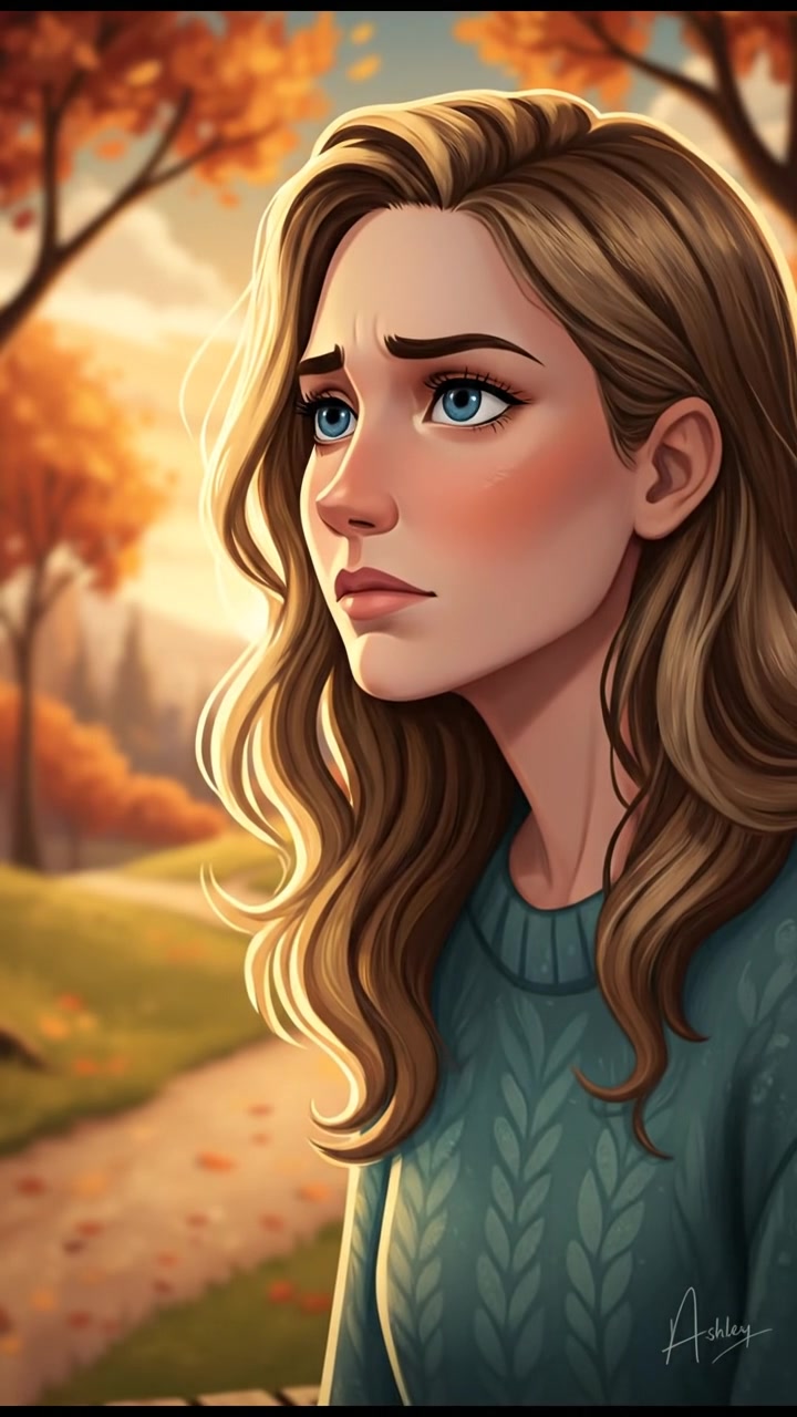 Ashley sitting on a bench in a park, looking pensive as she gazes into the distance.