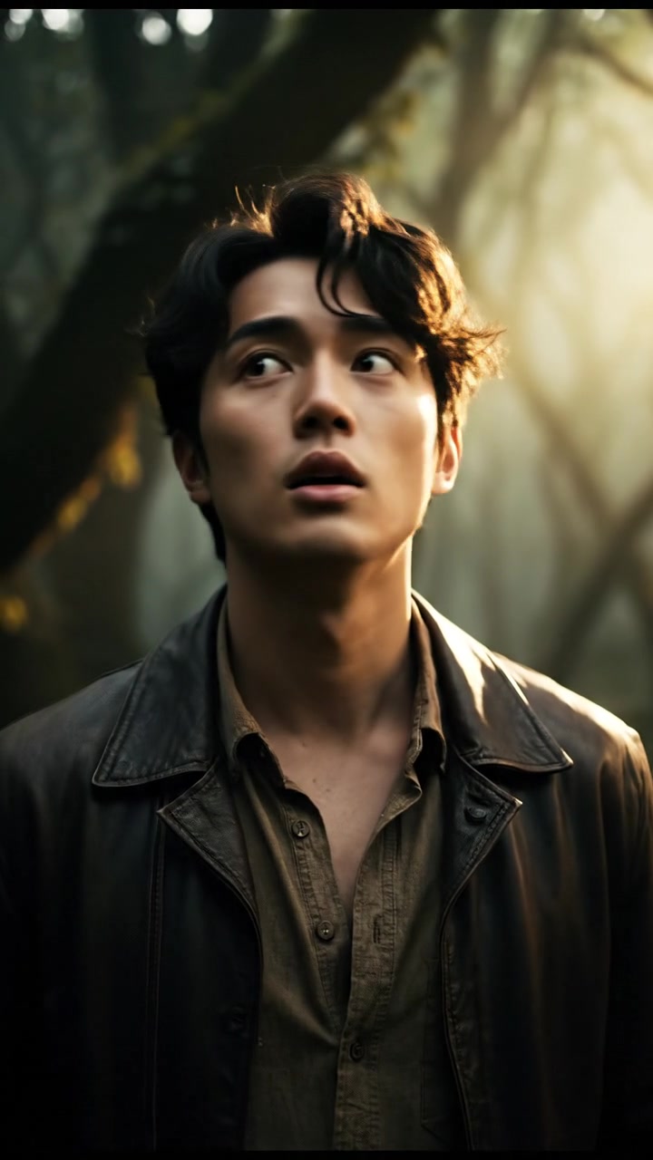 Ken stands in a dense forest, surrounded by tall trees and thick underbrush, looking surprised.