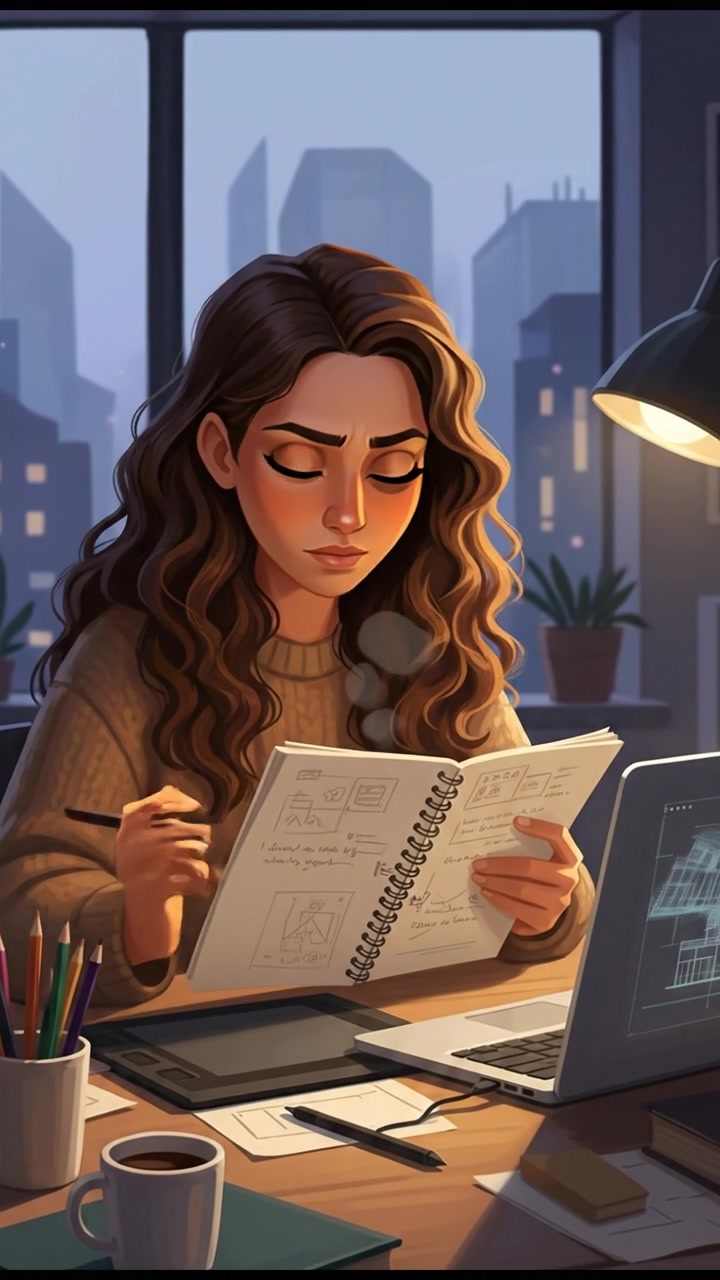 The Maya sitting at her desk with a notebook, looking thoughtfully at her laptop.