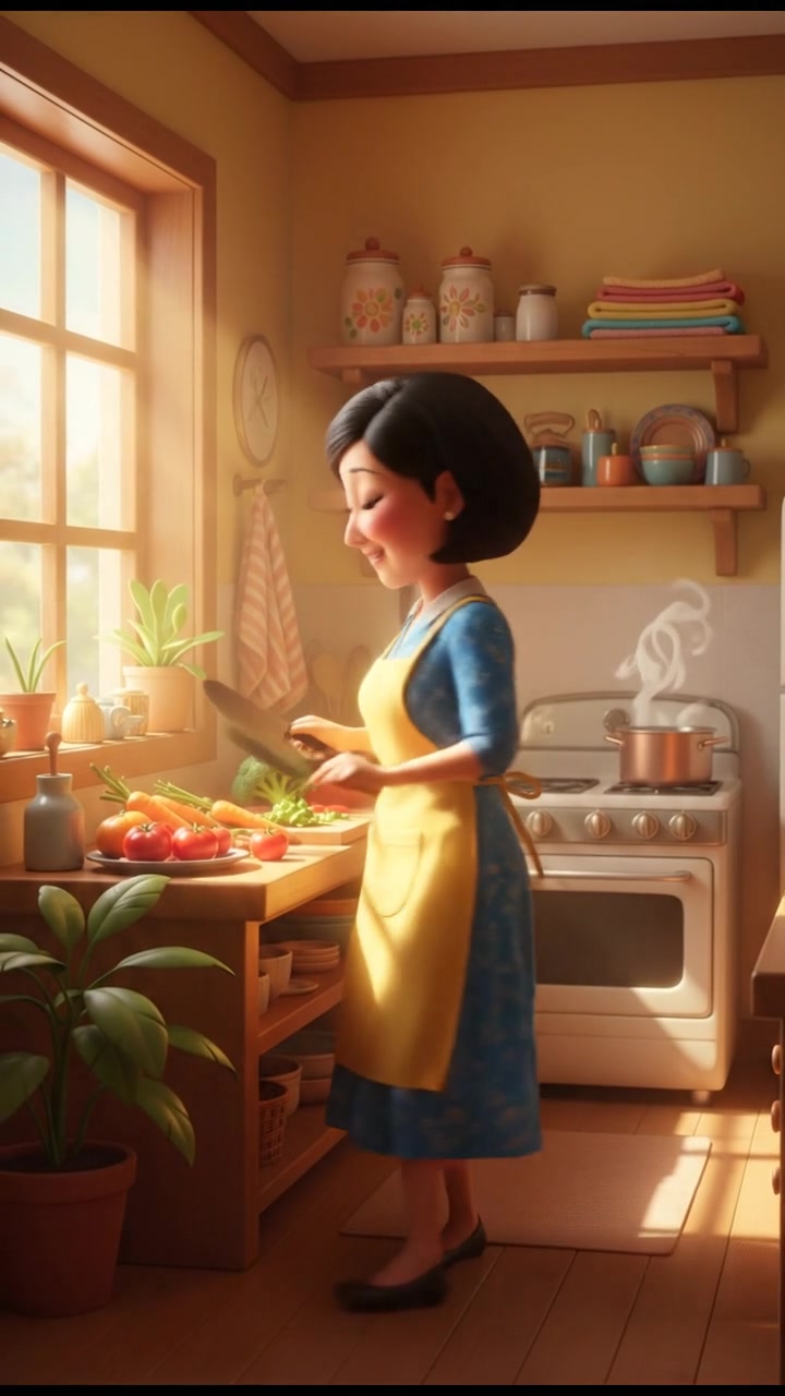 Li standing in her modest kitchen, preparing a meal with sunlight streaming through the window.