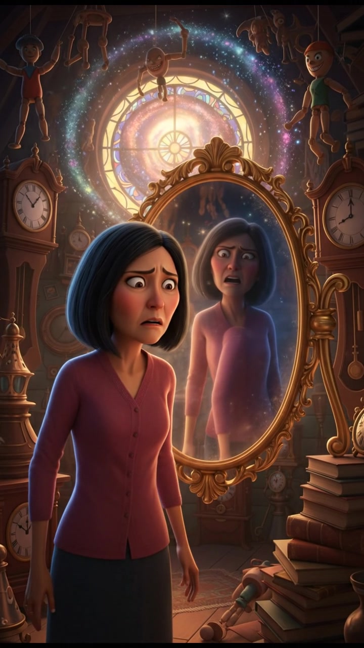 Li gazing intently at the mirror again, her face showing signs of fear.