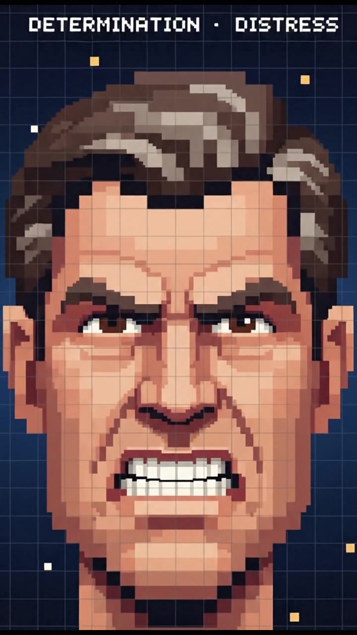 A close-up of Mark's grimacing face, showing determination mixed with distress.