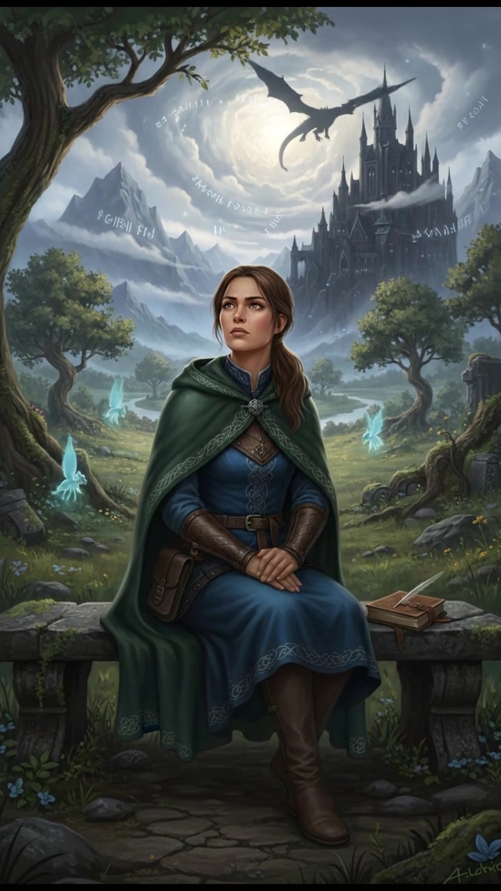 A thoughtful Mei sitting on a bench in a park, looking at the sky, deep in thought.