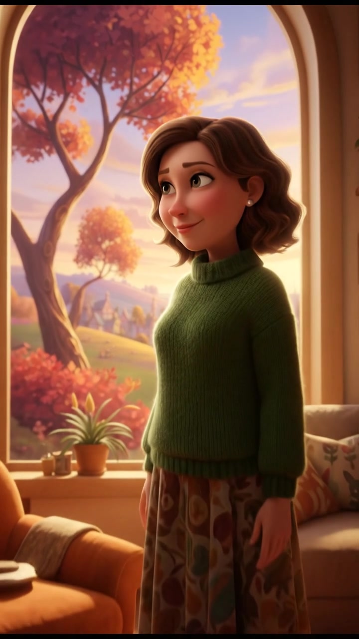 Susan stands in her cozy living room, gazing out the window with a thoughtful expression.