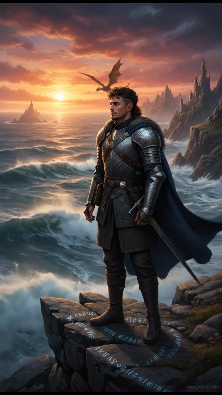 Mateo stands on a cliff at sunset, overlooking a vast ocean with waves crashing below.