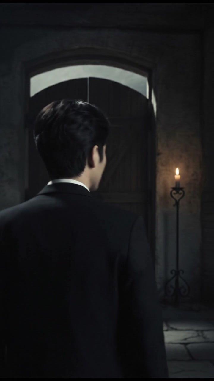 A close view of Ken turning away from the door, appearing calm.