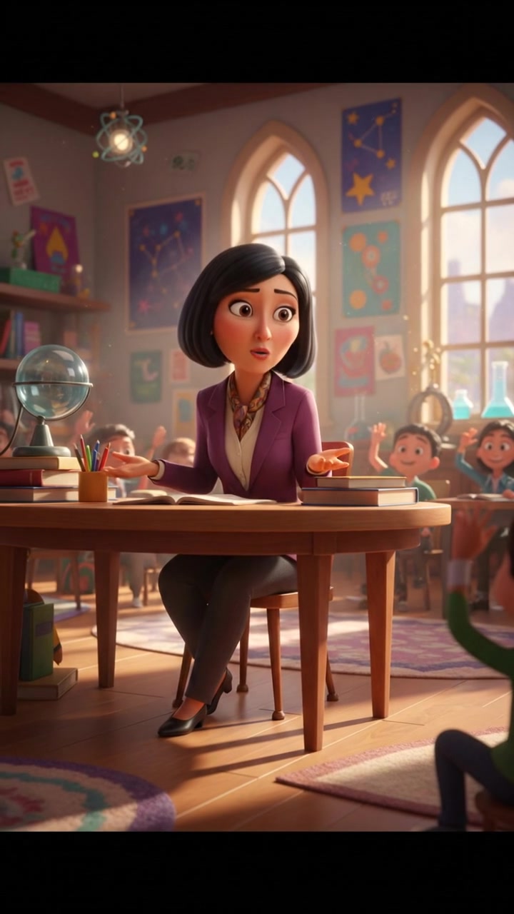 The Li sitting at her desk, looking inquisitive as she addresses the class.