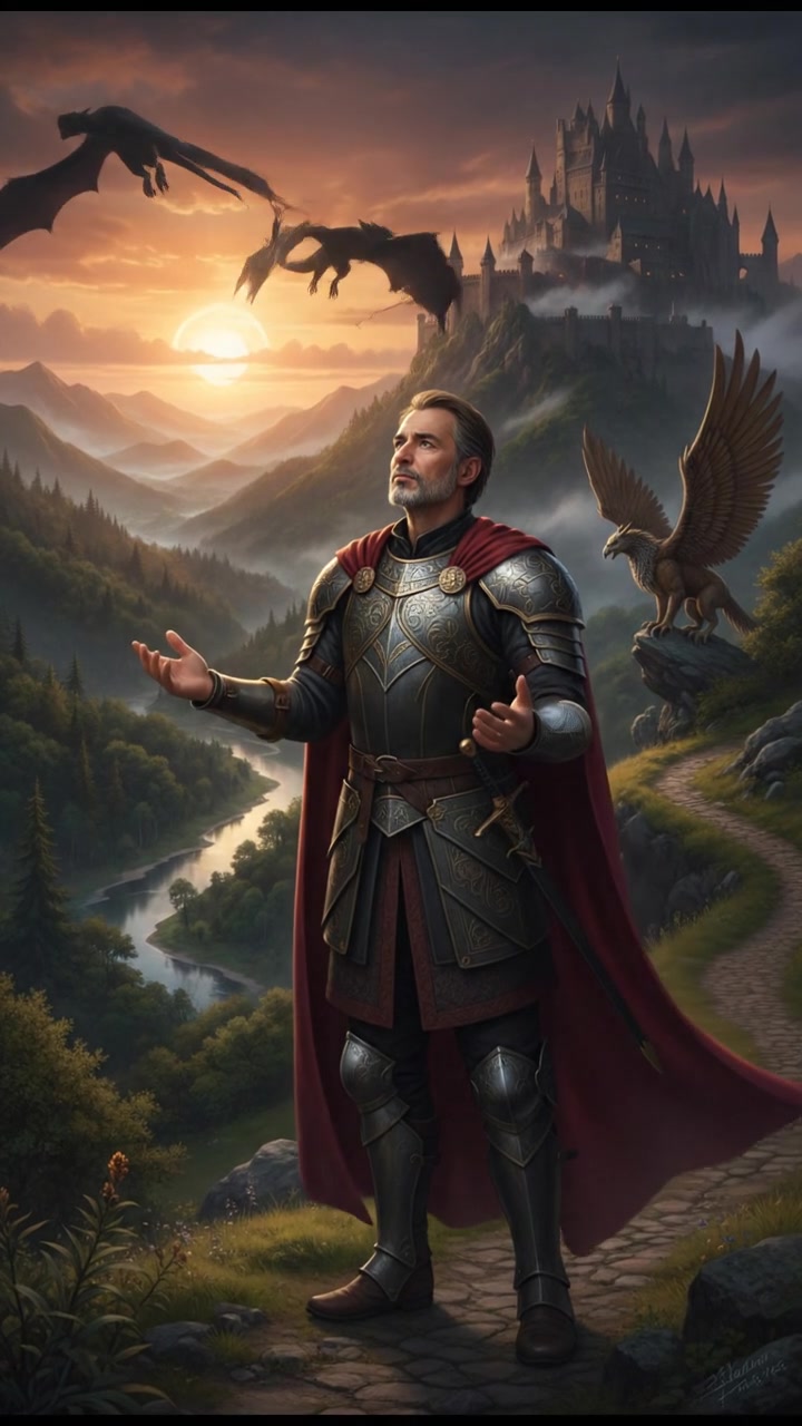 Omar stands on a serene hillside at sunset, overlooking a vast landscape, with hands raised in reflection.
