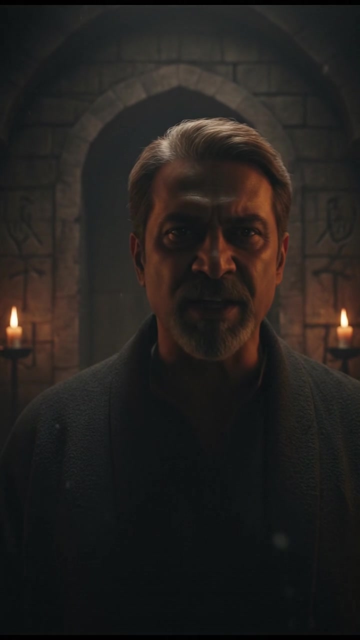 Raj, with a serious expression, speaking ominously, framed in a dim light.