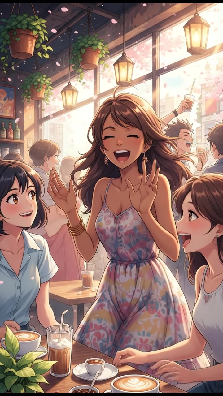 Priya animatedly talking with friends at a lively cafe, full of energy.