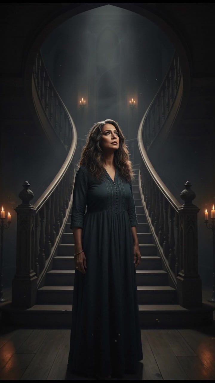 Asha looking apprehensive, standing still at the bottom of the staircase.