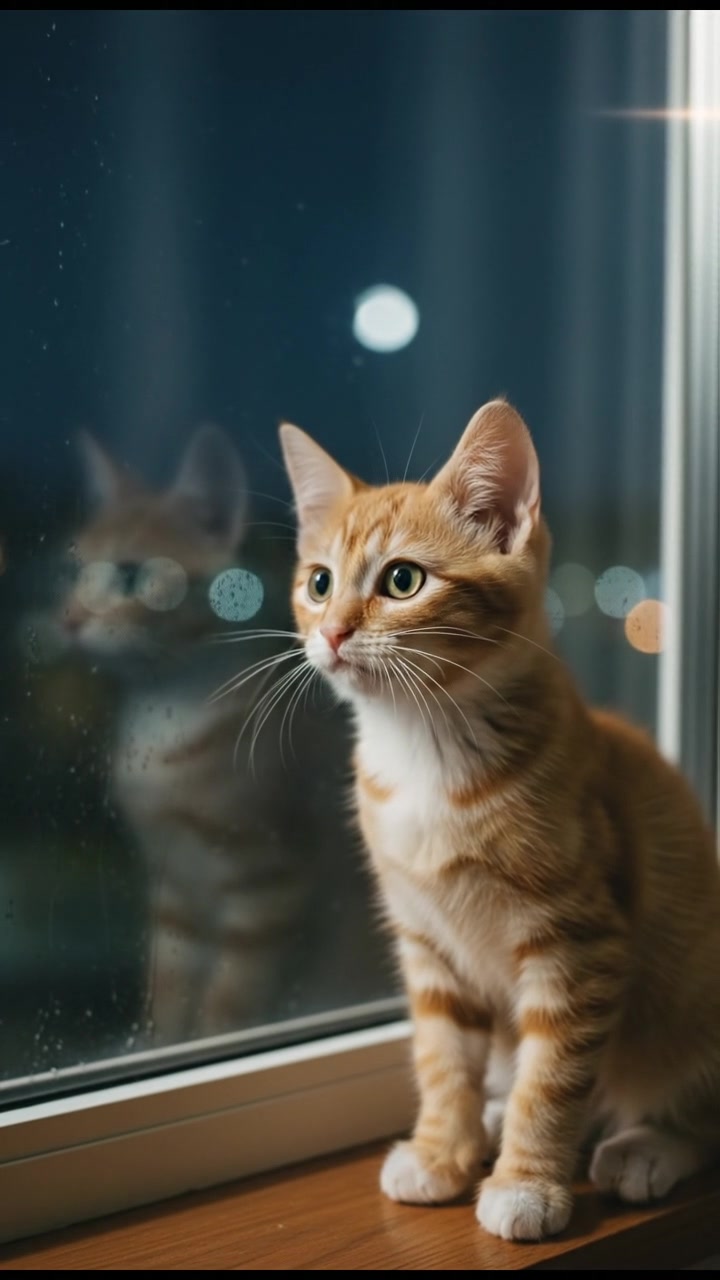 A close-up of Whiskers sitting by the window at midnight, eyes wide and focused.