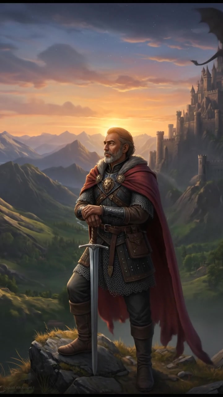 Raj standing on a hilltop, gazing at the horizon with a thoughtful expression, the sun setting behind him.