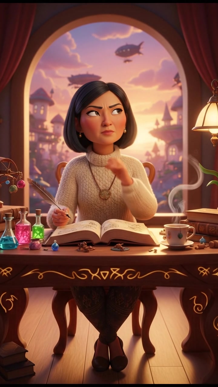 Li sitting at a wooden desk, writing notes with a thoughtful expression.