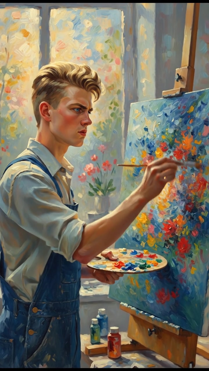 Ryan painting a colorful canvas, a focused expression on his face.