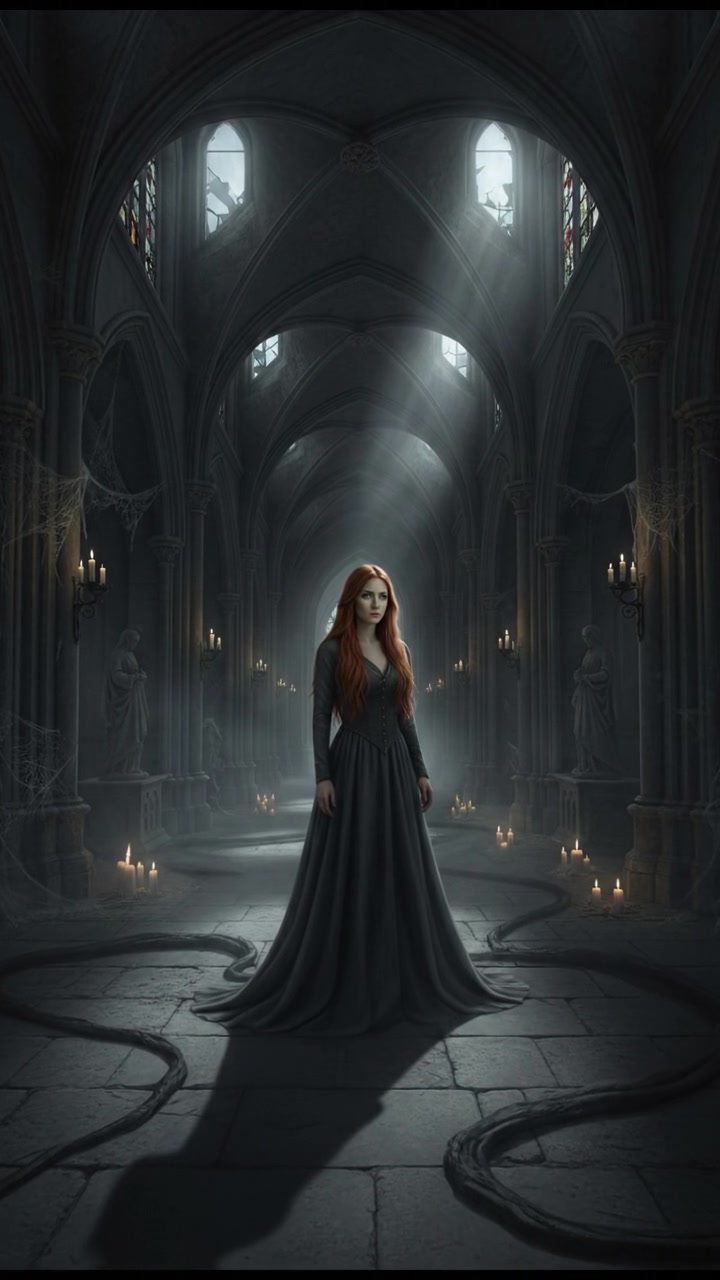 A wide shot of the echoing hallway as Emma stands inside, with shadows creeping around her.