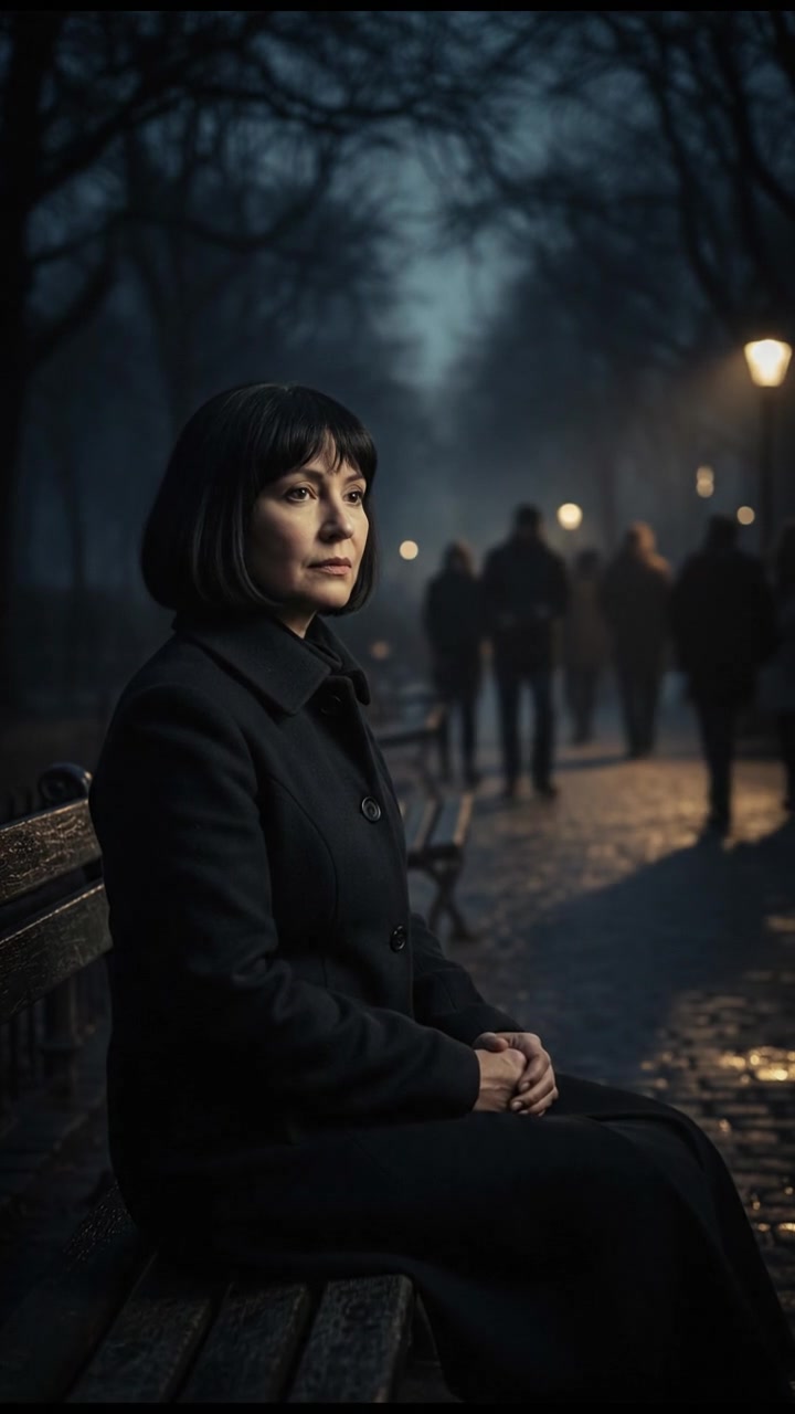 Li sitting on a park bench, with a thoughtful expression as she watches people.