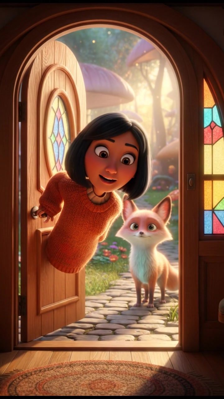 Li standing by the front door, peering outside with a curious expression.