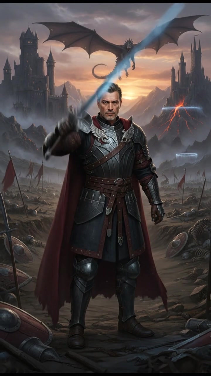 Omar stands in an ancient battlefield, holding a sword with determination.