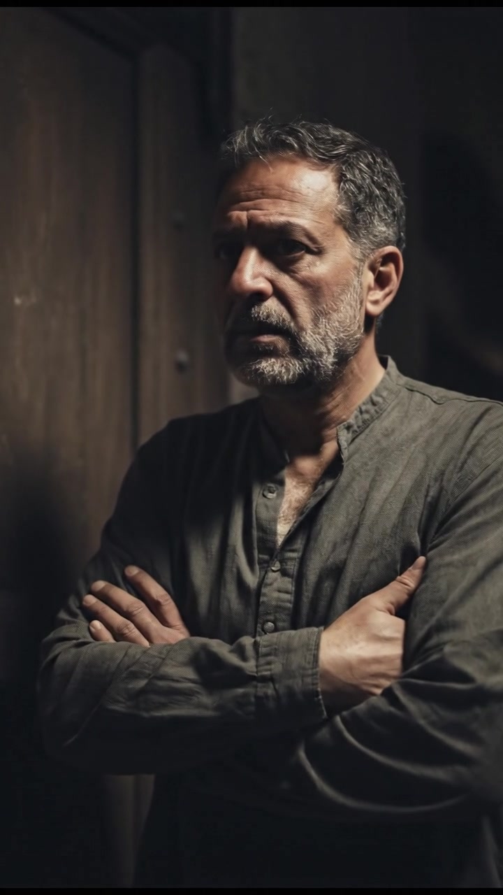 Omar standing in front of the closed door, looking anxious, with crossed arms and a furrowed brow.