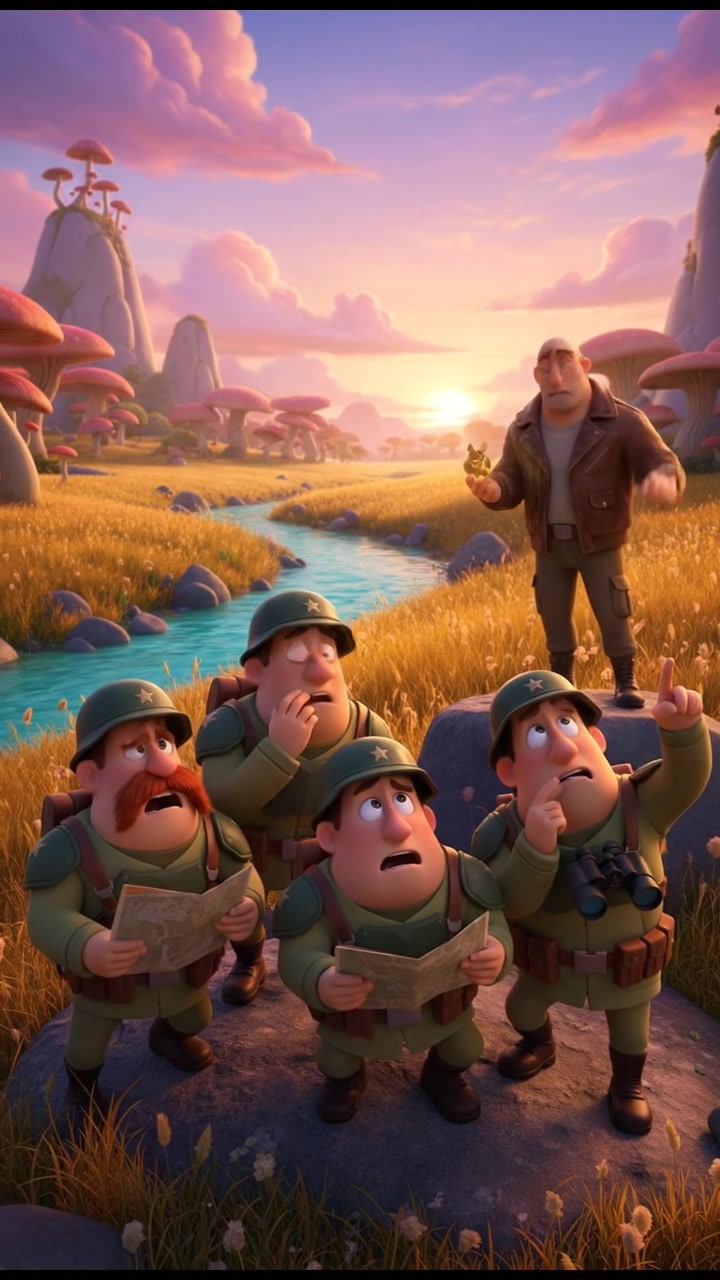 A group of soldiers huddled together, looking worried as they watch Carlos from a distance.