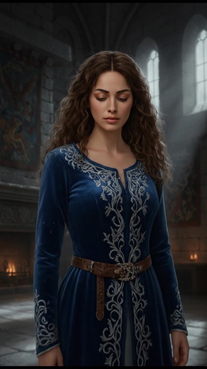 Maya standing alone in a dimly lit room, shadows casting on the walls.