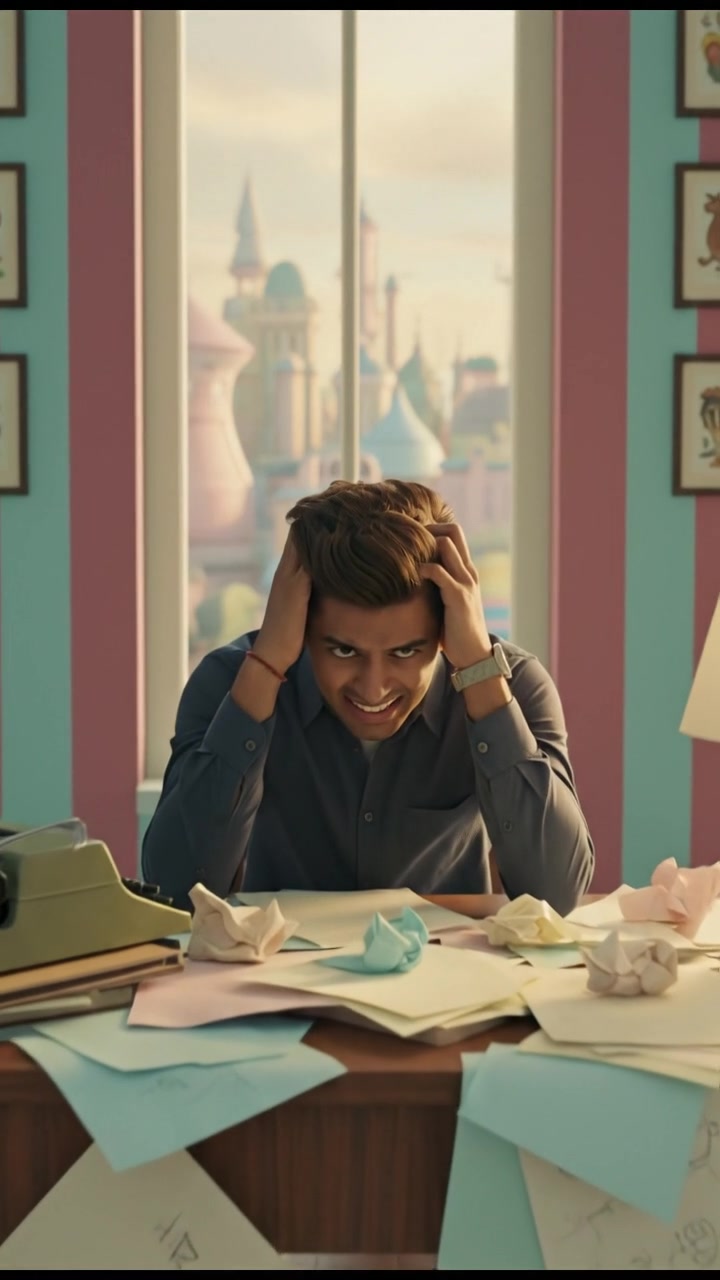 A close-up of Arjun sitting at a desk, looking frustrated, papers scattered around him.