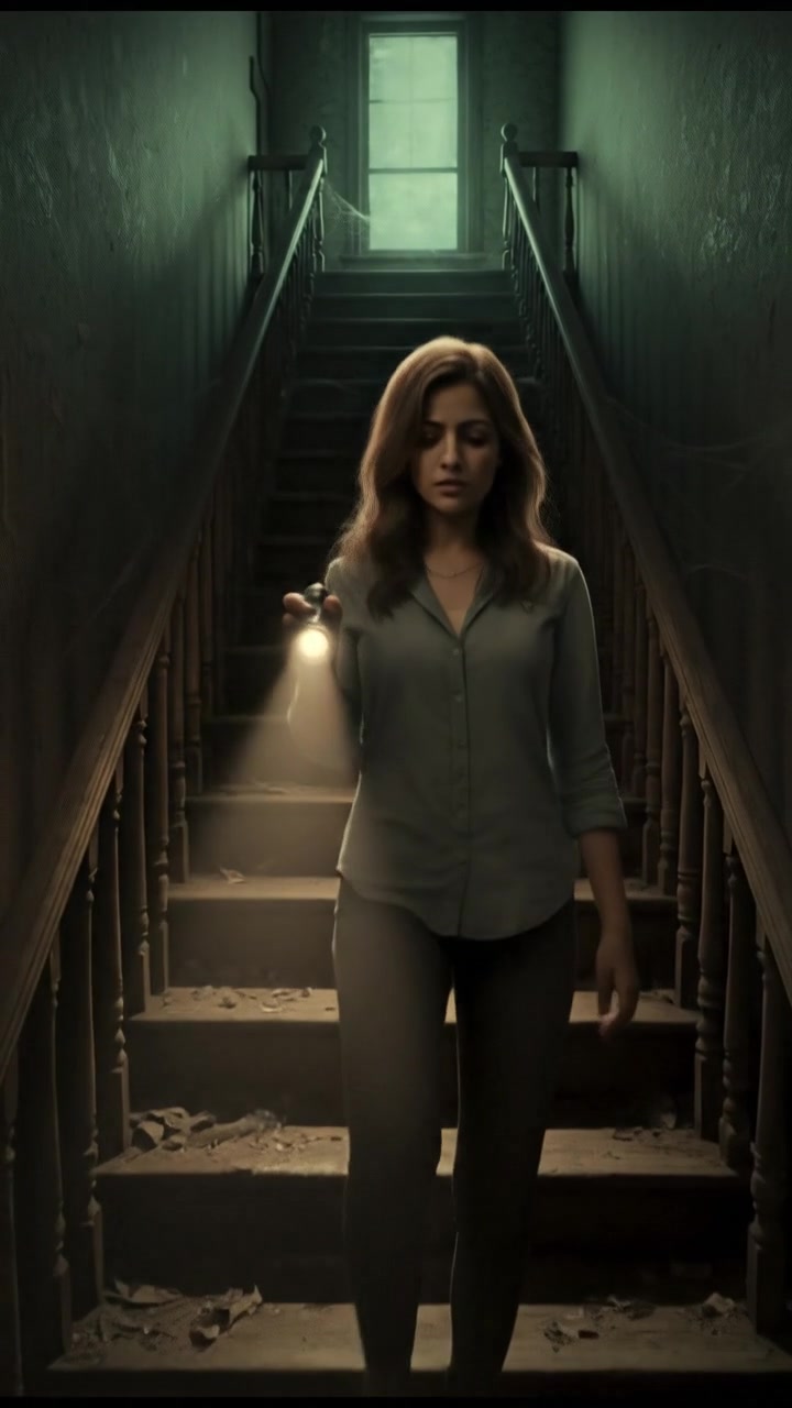 Priya standing determined at the bottom of the attic stairs, holding a flashlight with a cautious expression.