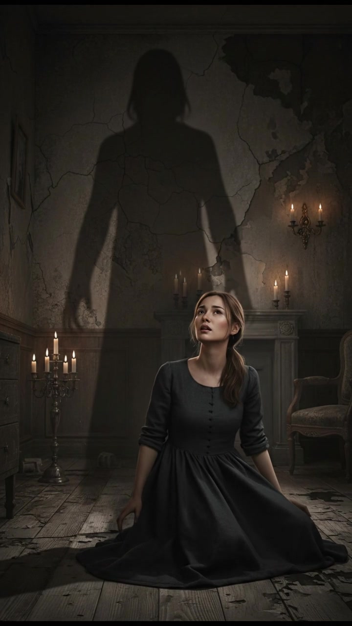 A shadowy figure looms above Mei, casting a large presence in the dark room.