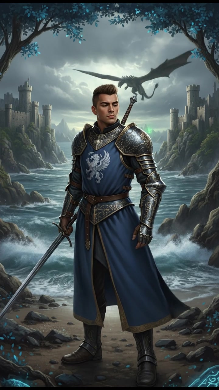 Amir standing tall on the shore, determined, looking out towards the ocean.