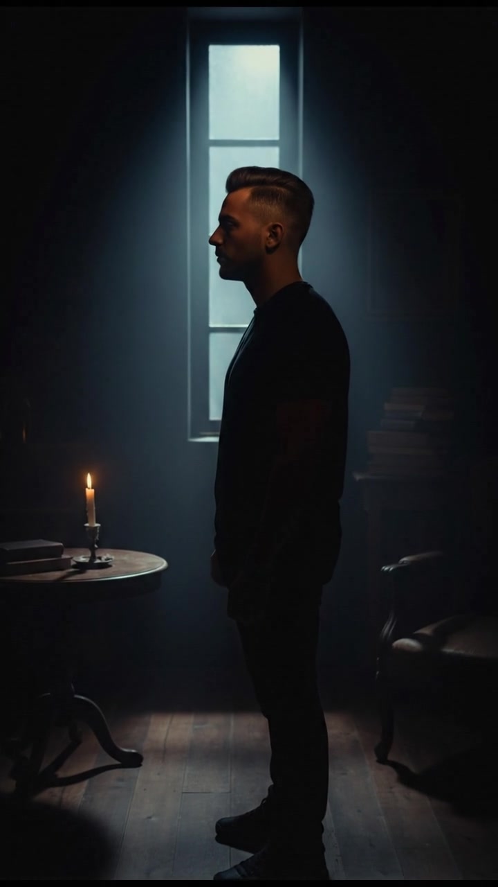 A completely blackened room, with Amir's silhouette against the dim light seeping through a window.