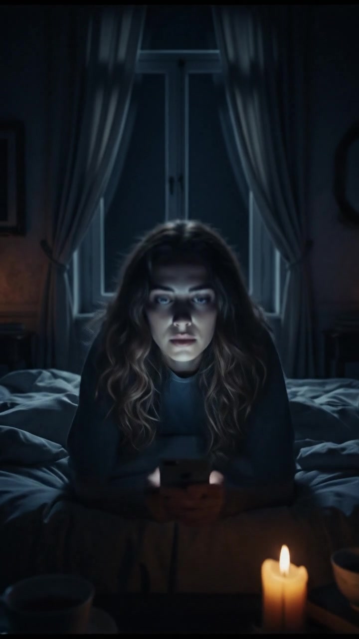 A dimly lit bedroom at night with a woman, Maya, sitting upright in bed, staring at her smartphone.