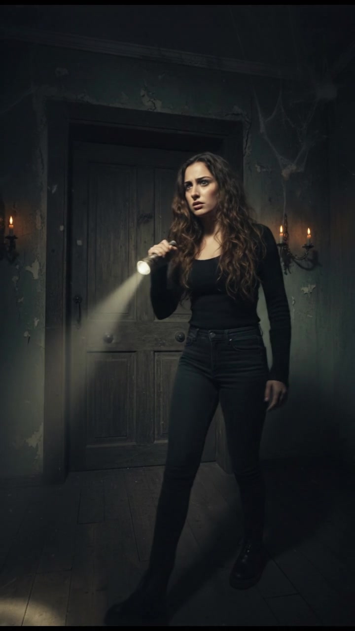 Maya holding her flashlight towards the door, determination mixed with fear on her face.