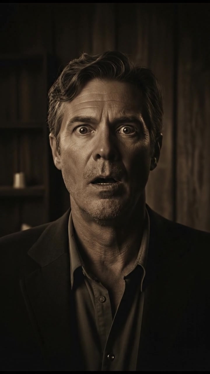 A close-up of Mark's shocked face, peering through binoculars.