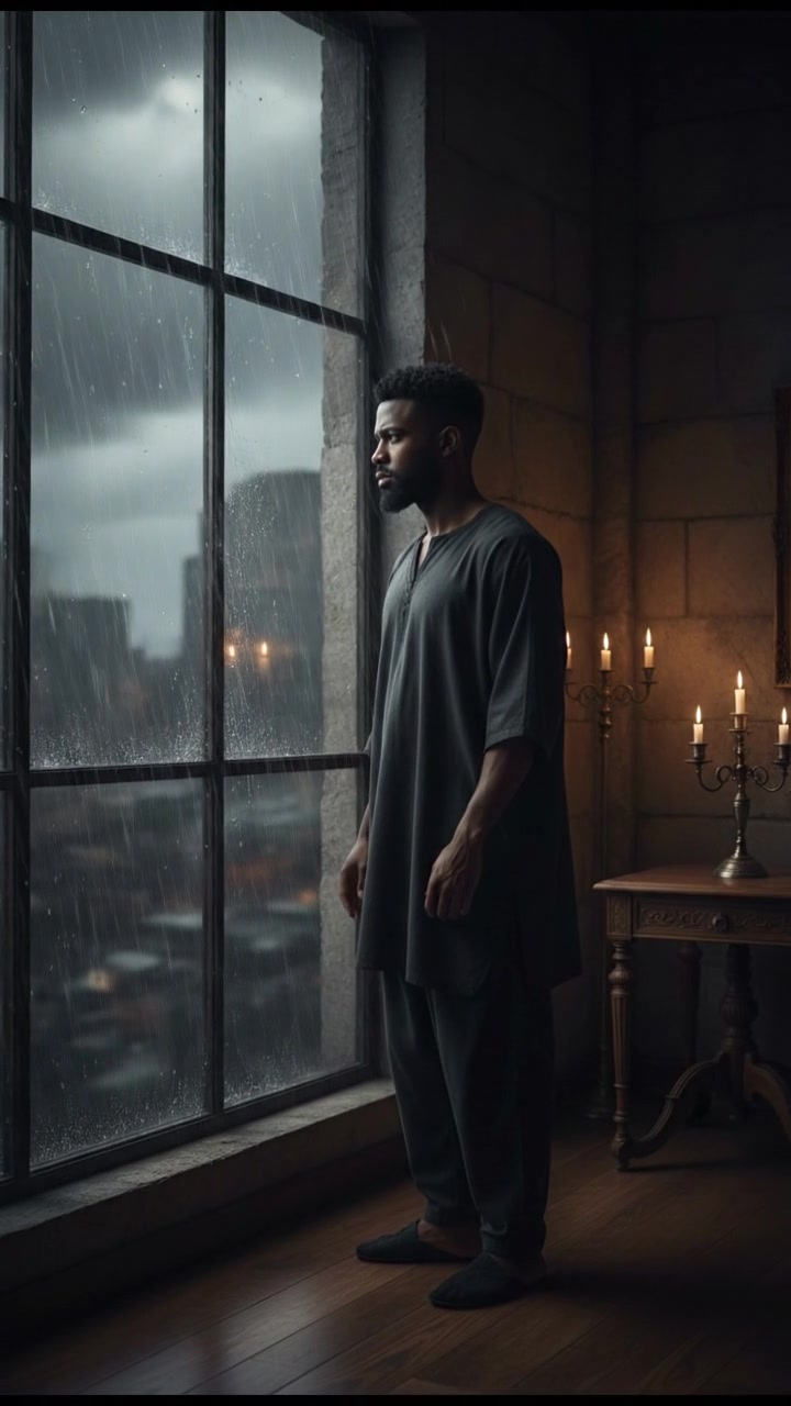 Isaiah standing by a large window during heavy rain, looking thoughtful as raindrops cascade down the glass.