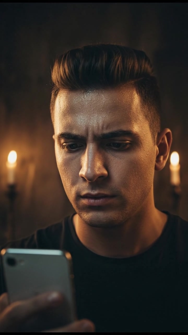 A close-up of the Amir's face, showing sweat as he looks anxiously at his phone.