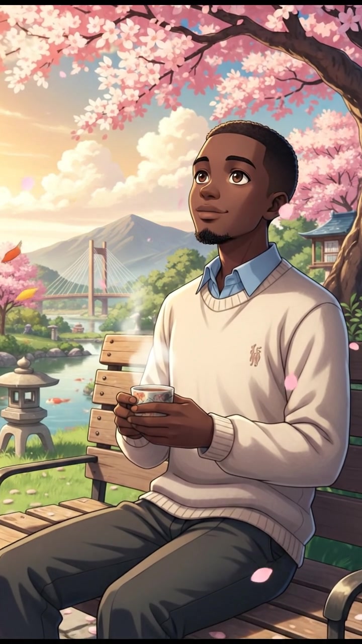 A tranquil scene showing Isaiah sitting on a park bench, reflecting on simple joys.