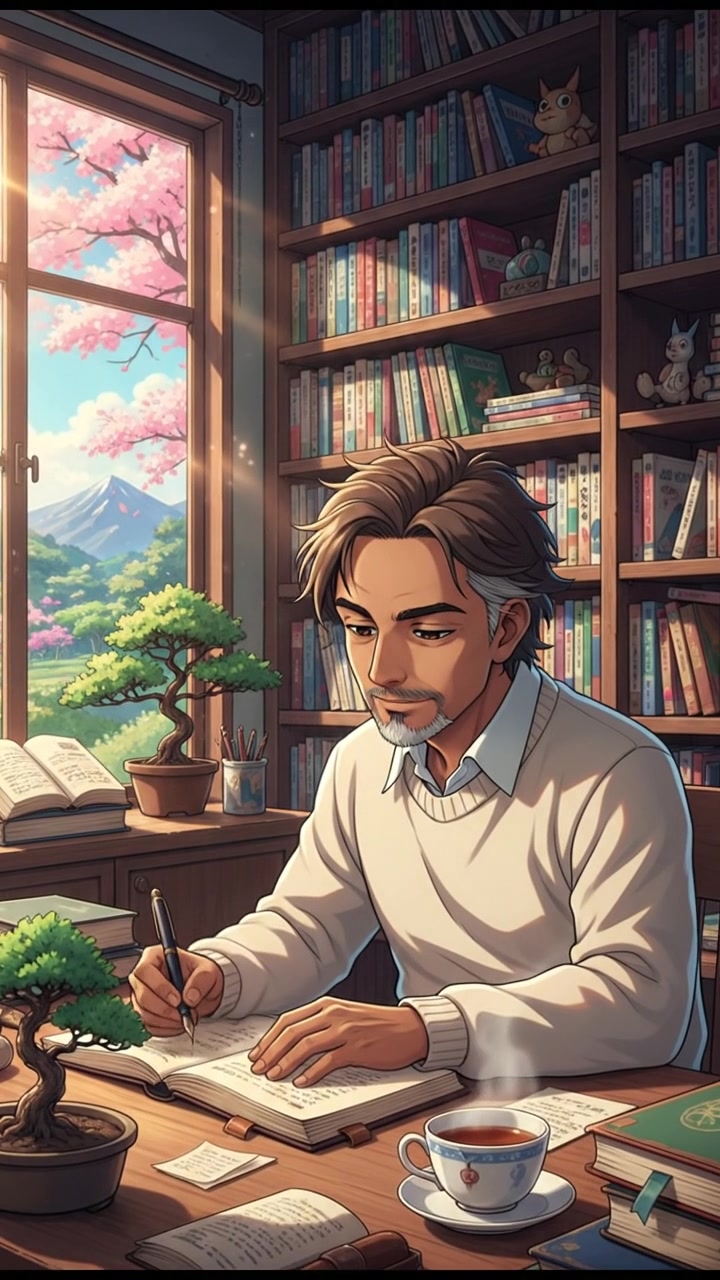 Raj sitting at a desk in a quiet room, writing in a notebook, with a bookshelf in the background.