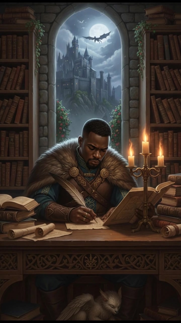 Isaiah sitting at a desk, surrounded by books, studying hard with a focused expression.