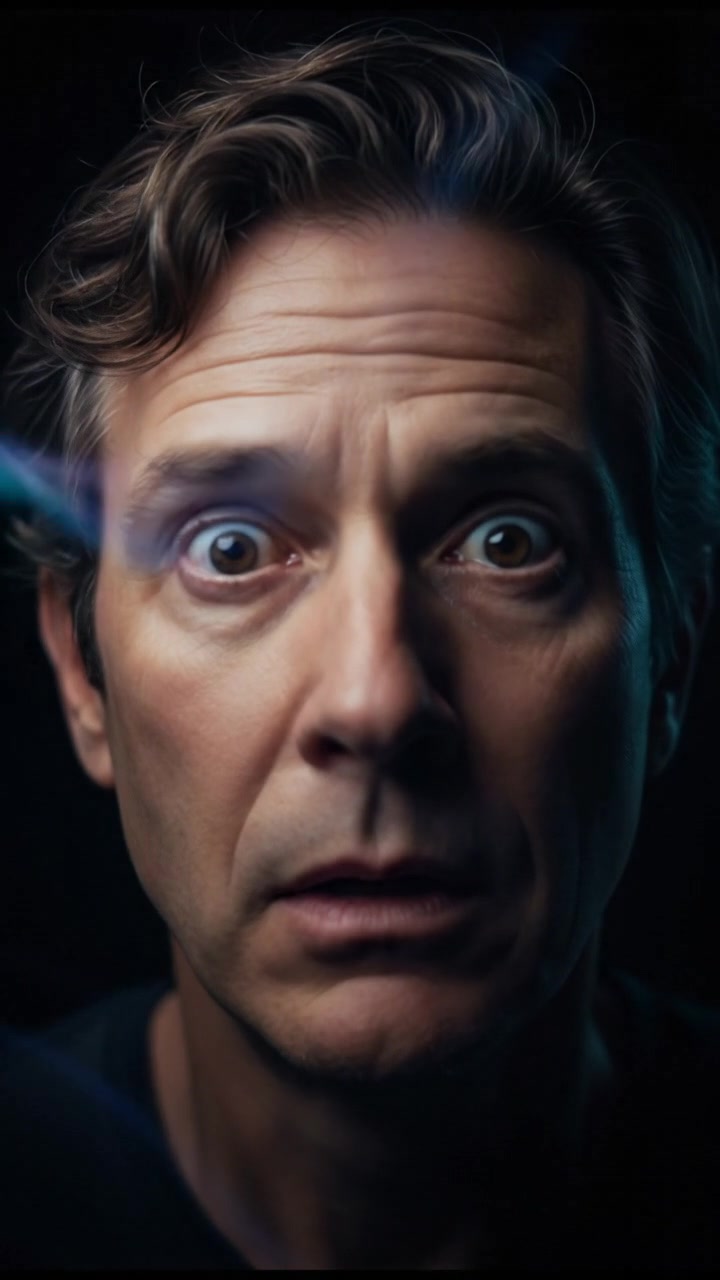 A close-up of Mark’s face, visible panic reflecting in his eyes as he realizes his predicament.