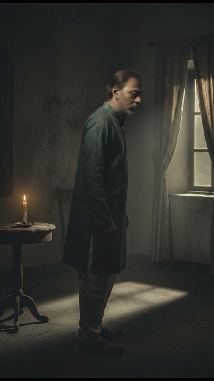 Raj quickly turns his head to look behind him in his dimly lit room.