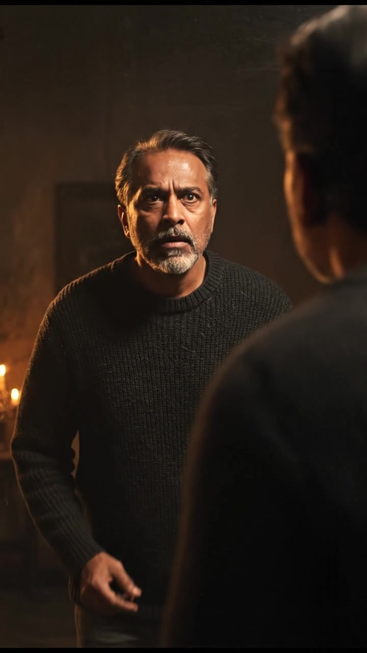 Raj standing near an old mirror, looking anxious as he stares at his reflection.
